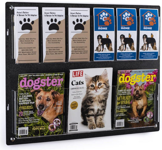 Displays2go Tiered Brochure Rack for Wall, 6-12 Adjustable Pockets, Frameless Acrylic - Black (2RP6BLK)