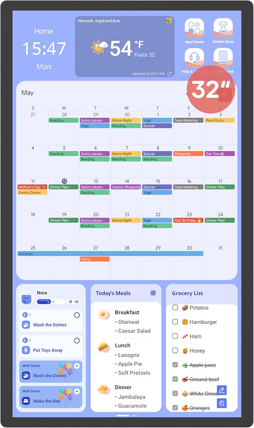 Digital Calendar+ 2: 32 Inch Wall Touch Screen Chore Chart Customize Dashboard Smart Electronic Calendar for Family Schedules Meal Planner Supports All Google Play Apps Wall Mount Black