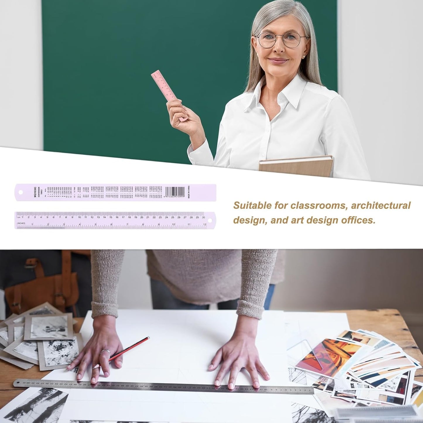 HARFINGTON 2pcs Metal Straight Ruler 30cm Metric SAE Aluminum Alloy Measuring Rulers Scale Tool with Hole for Measure Study Reading Classroom Office, Purple