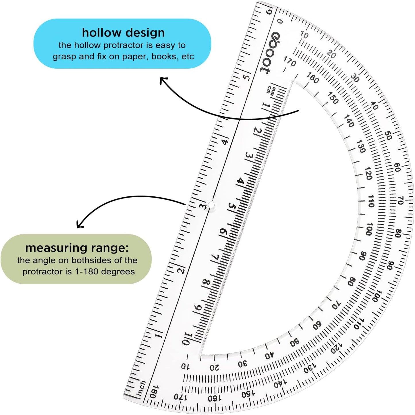 Zonon 2 Pack 12'' Plastic Ruler and 6'' Plastic Protractor Set Clear Ruler Protractor Set Math Geometry Supplies for School Classroom Home Office Drawing(Clear)