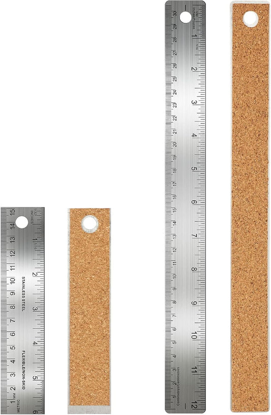 Frienda 2 Pcs Metal Ruler Cork Backed 6 Inch and 12 Inch Stainless Steel Rulers with Cork Backing Non Slip Straight Edge Measure Ruler for Student Graduation Back School Supply