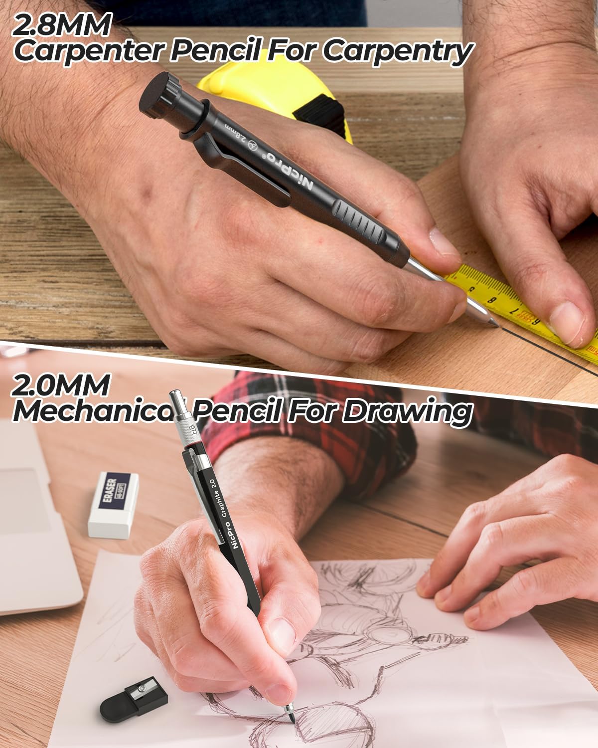 Nicpro 27 Pack Carpenter Pencils for Woodworking, Construction Mechanical Pencil with 100 Refill, Automatic Center Punch and Carbide Scribe Carpenter Tool, Construction Pencil for Carpenters Marking