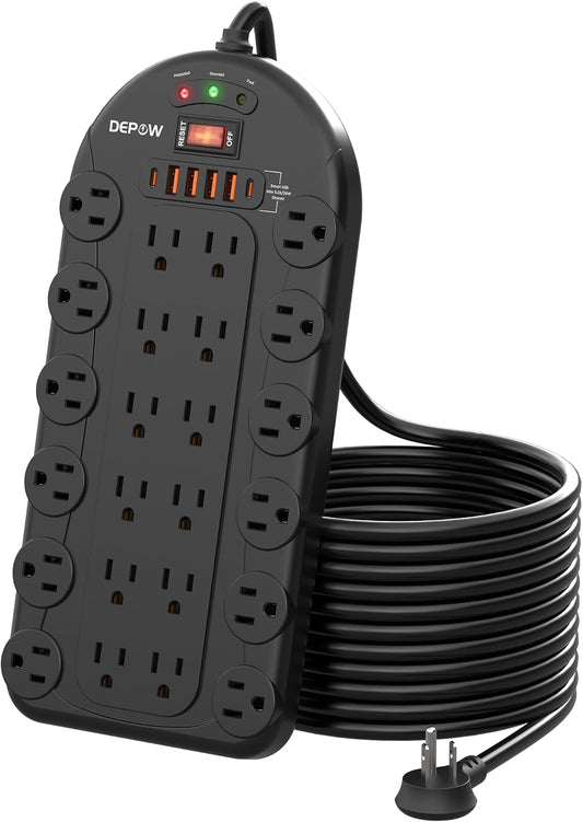 Power Strip, 24 AC Outlets (1875W/15A) with 6 USBs (2 USB-C Ports), Surge Protector (3,400 Joules), 10Ft Heavy Duty Flat Plug Extension Cord, Wall Mountable for Home, Office, Black, ETL Listed