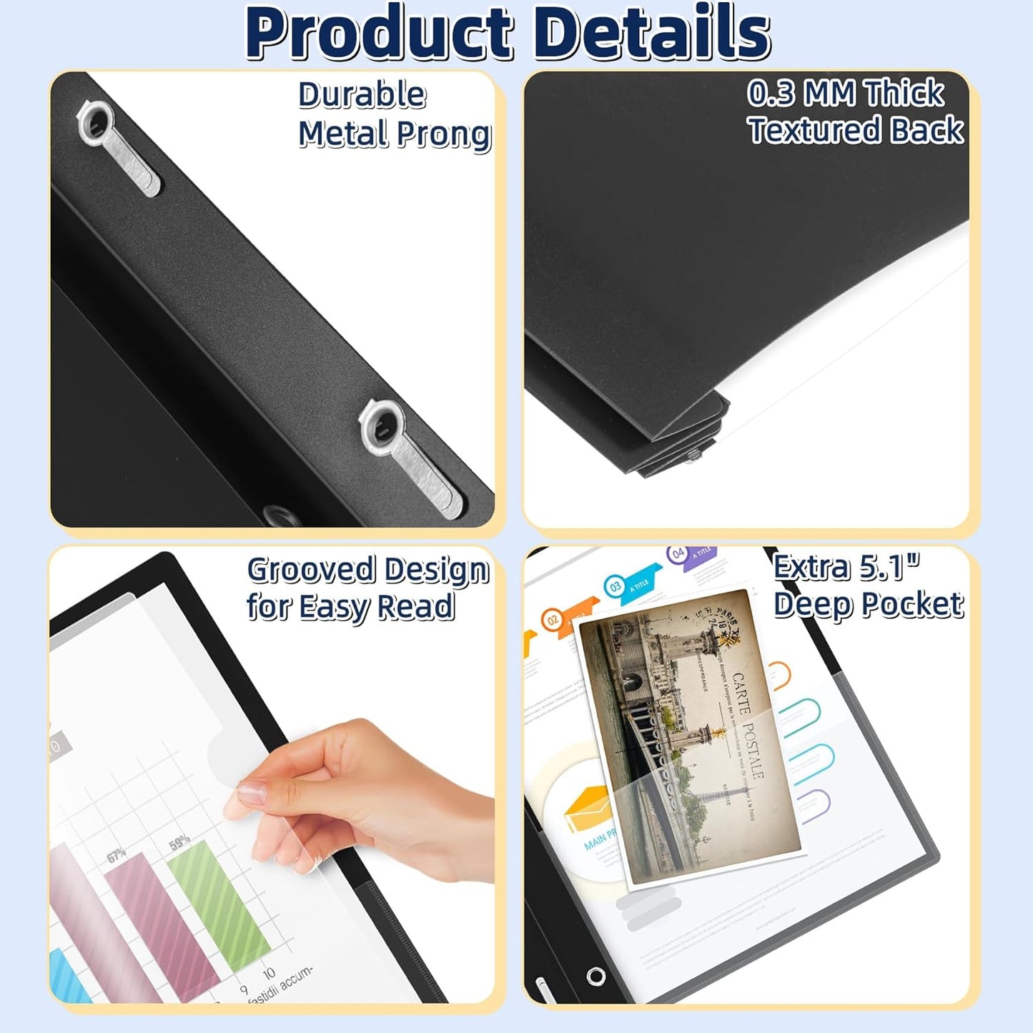 HAUTOCO 5 Pack Plastic Report Covers with 3 Prongs Fasteners Clear Front Resume Portfolio Folder for 8.5x11 Letter Size Paper, Presentation Document Report Cover for School Office Business, Black