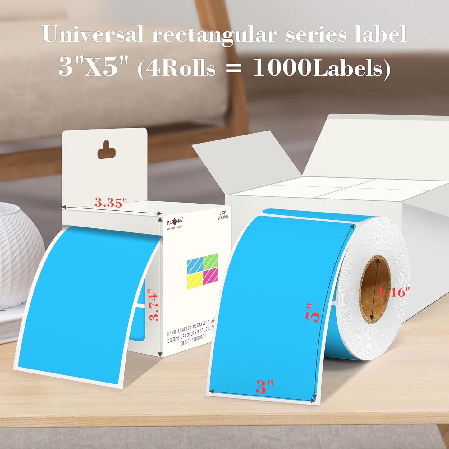 PARLAIM 3x5 inch Rectangle Color Code Stickers, 1000PCS 4 Rolls Square Adhesive Inventory Label, Sky-Blue
