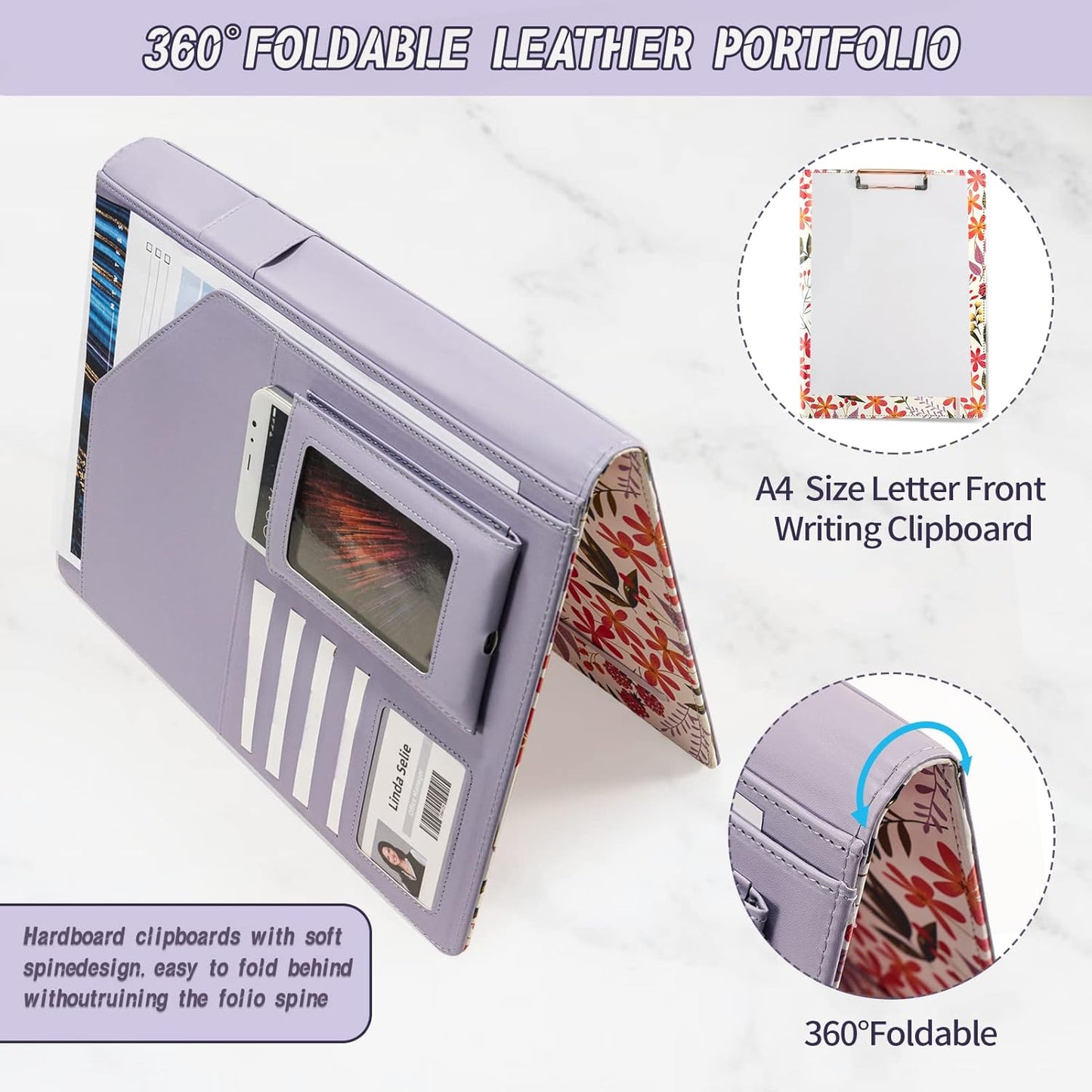 Padfolio for Women PU Leather Portfolio Cute Binder Foldable Recipe Clipboard Purple Phone Pocket