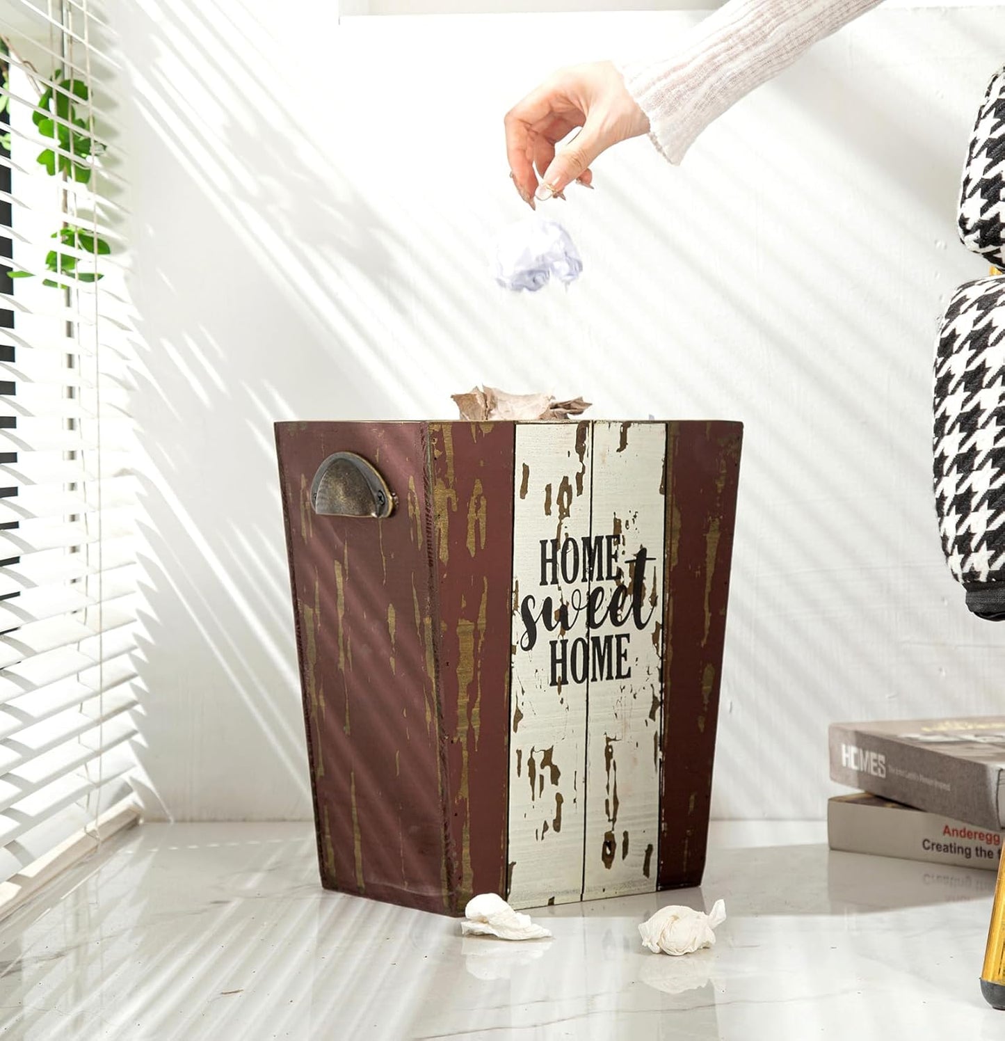 Small Wood Trash Can Wastebasket, Farmhouse Rectangular Garbage Can Waste Basket, Rustic Distressed Wooden Trash Recycling Bin with Metal Handles, Home Sweet Home Wood Storage Basket (Distressed)