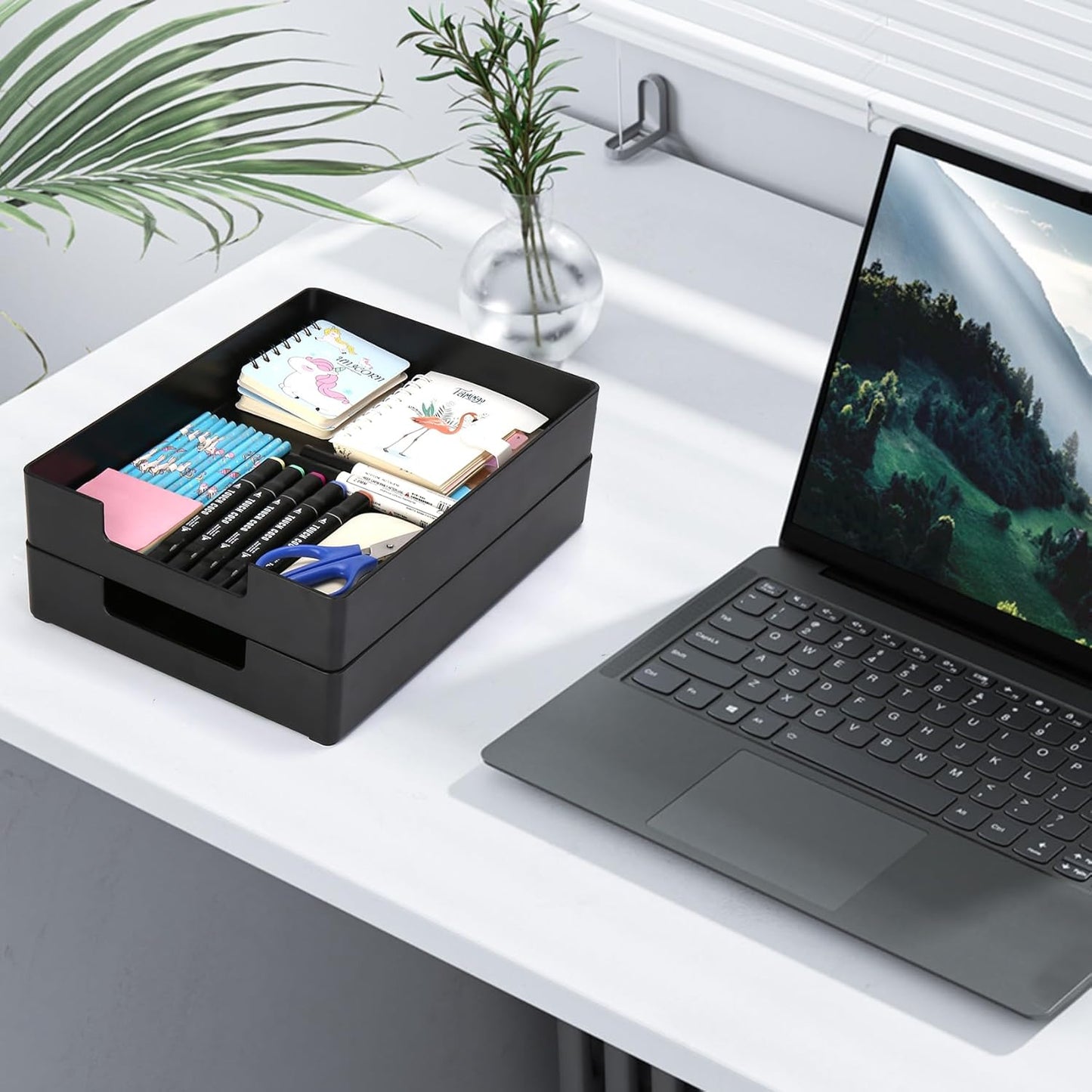 Letter-Size Tray, 2PCS Plastic Stackable A4 Paper Tray, Desk Drawer Organizer, Multi-use Large Storage Basket for Office Home Supplies,13 x 9.6 inch