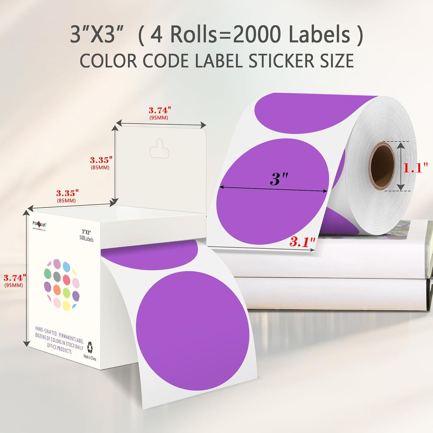 PARLAIM 3" Diameter Round Purple Color Coding Sticker, 4 Rolls 2000PCS Circle Dot Label,Permanent for Inventory Box Labeling