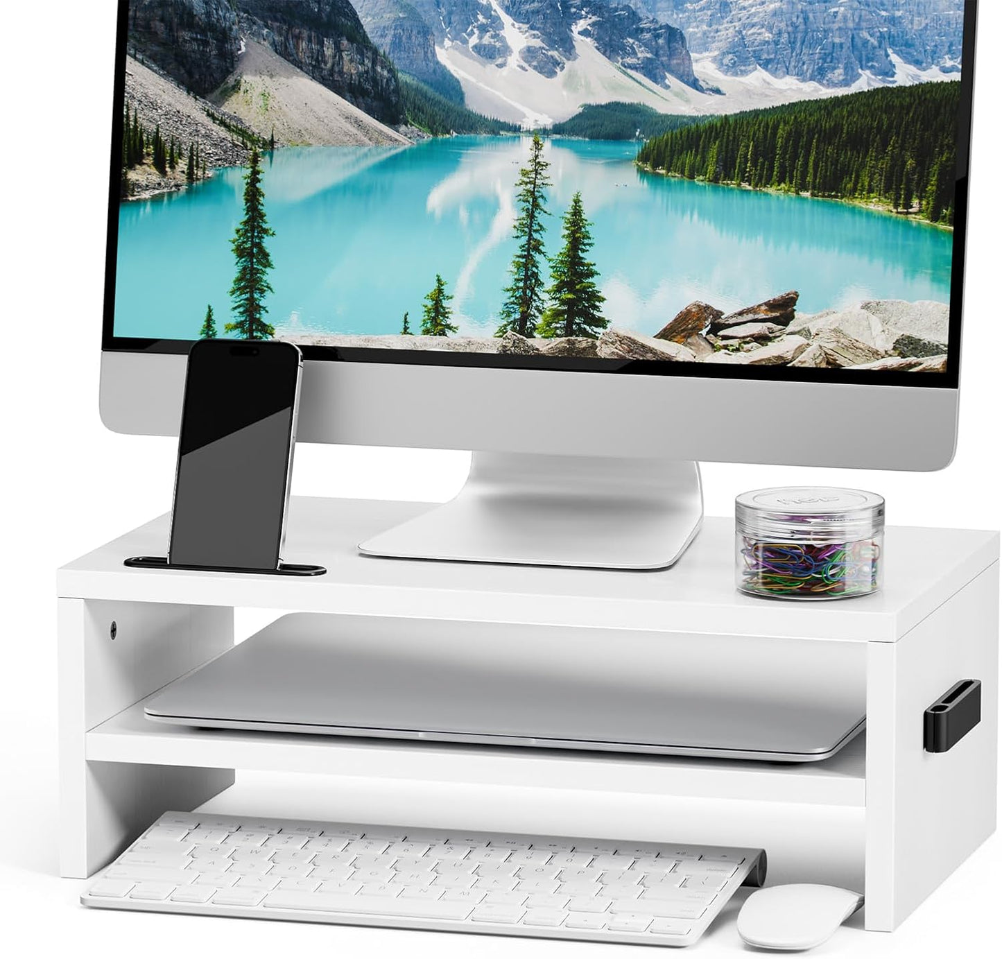 Marbrasse Monitor Stand Riser, 16.5 Inch 2 Tier Computer Printer Shelf Stand for Laptop Computer Screen Storage, Desktop Stand with Phone Holder and Cable Management (White)