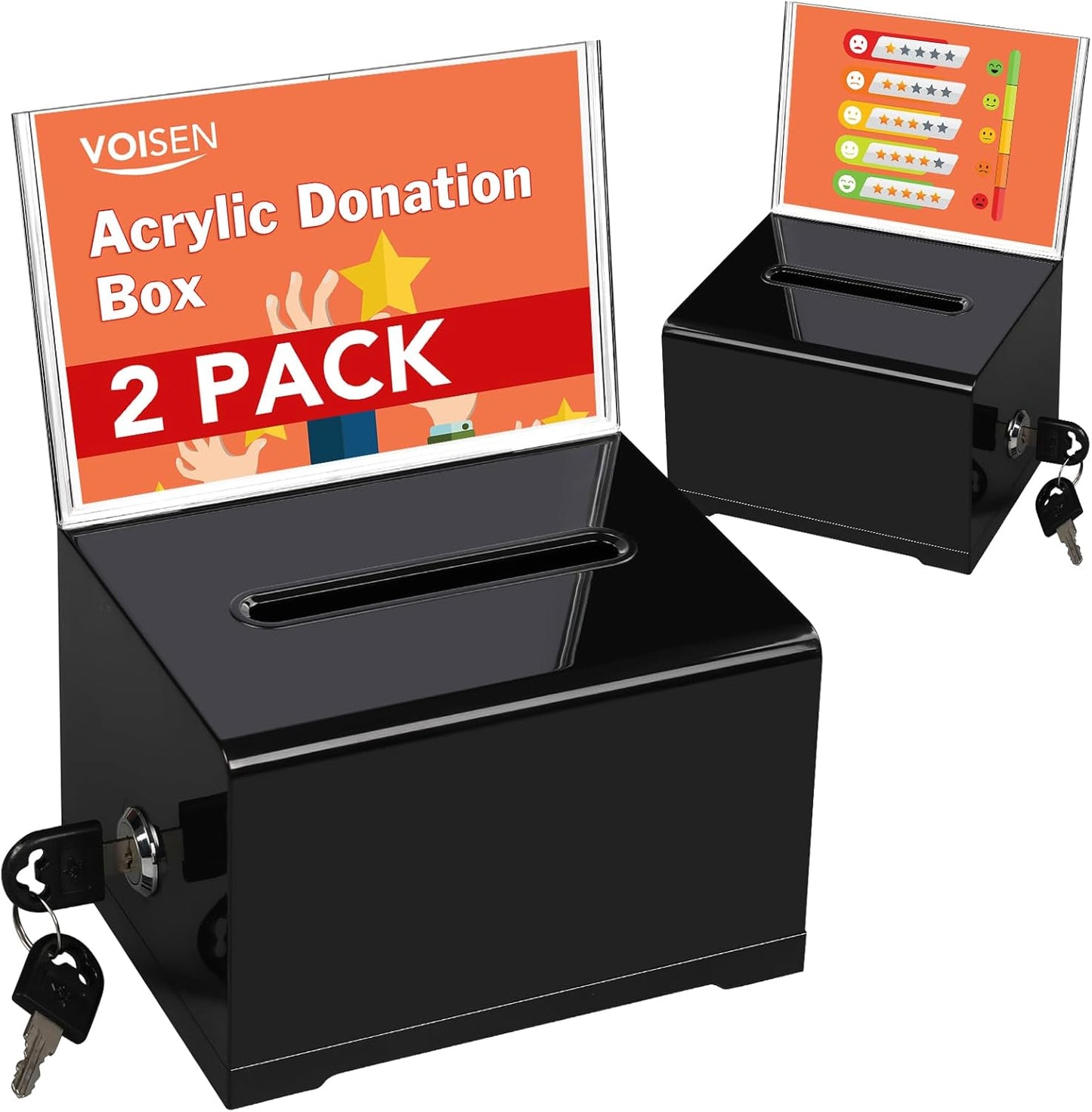 VOISEN Acrylic Donation Box with Lock, Black Ballot Box with Sign Holder, 2 Pack Suggestion Boxes for Fundraising, Donation, Bar, School Voting, 6.2x4.6x3.9 Inch