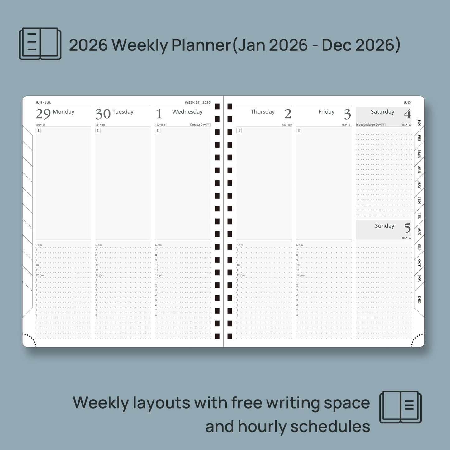 POPRUN 2026 Planner (Large Size 10'' x 8'' Wire-Bound Hard Cover) Daily Weekly and Monthly Calendar - Agenda 2026 (Jan.2026-Dec.2026) with Hourly Schedule, Monthly Tabs - Haze Blue