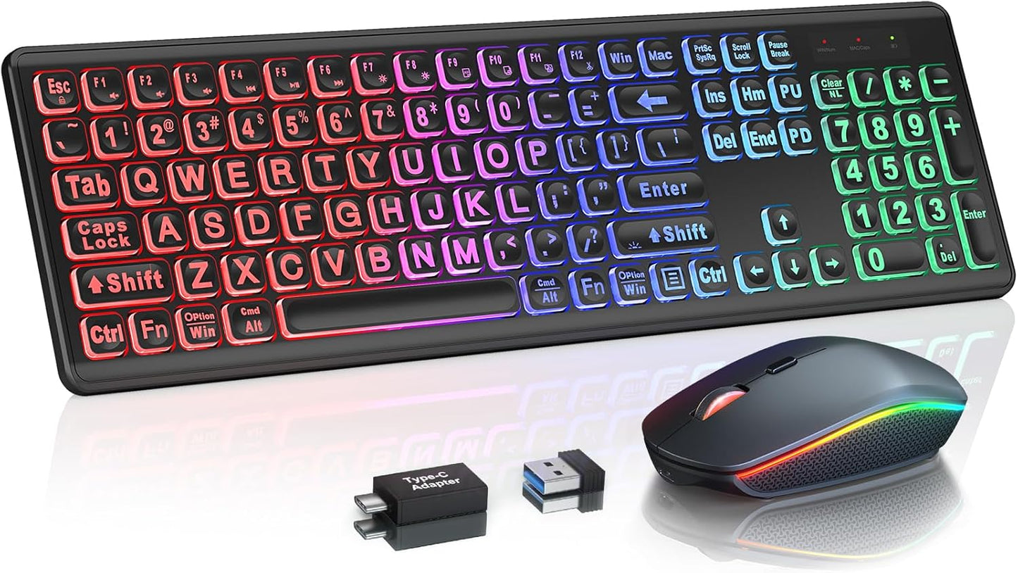 Wireless Keyboard and Mouse Combo - Large Print, RGB Backlit, Oversize Light Up Letters, Rechargeable, Ergonomic Tilt Leg, Sleep Mode, 2.4GHz Quiet Keyboard Mouse for Mac, Windows, Laptop, PC, Trueque