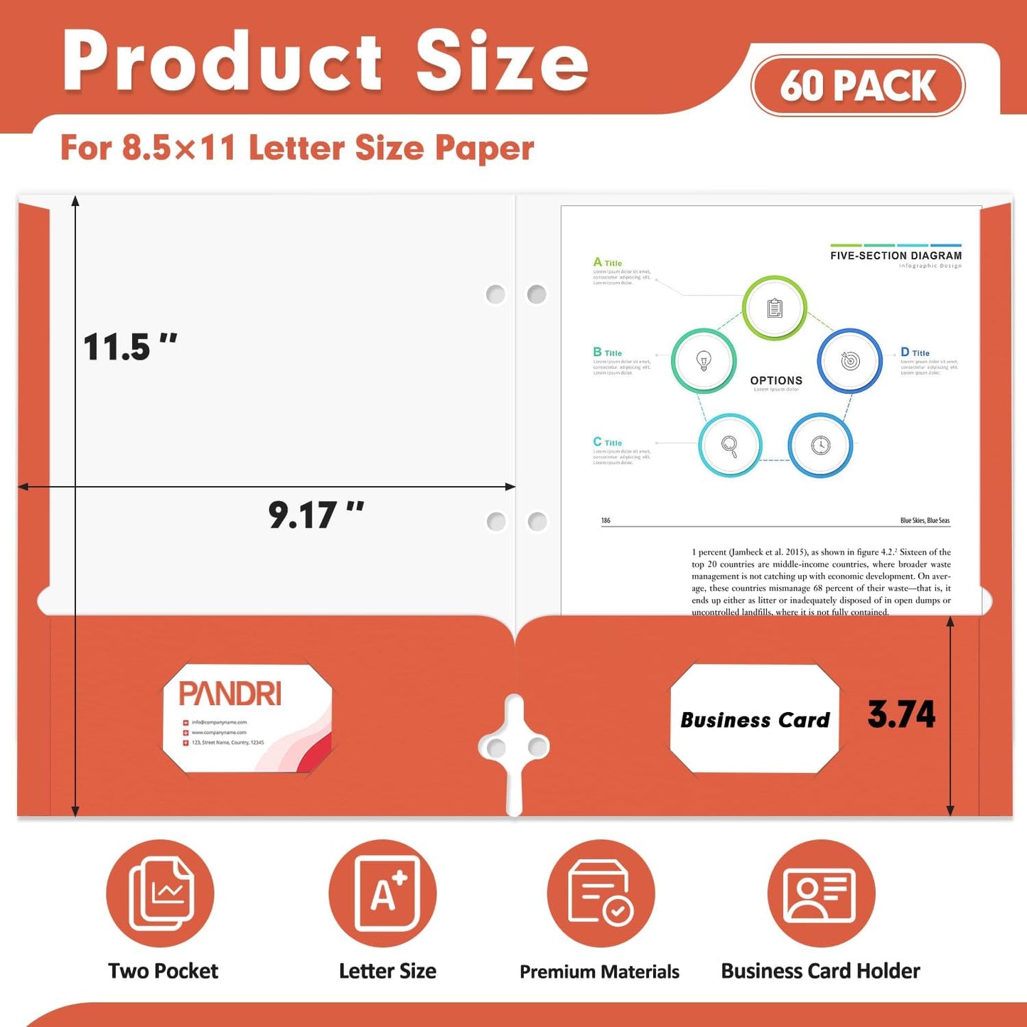 Two Pocket Portfolio Folders, PANDRI 60 Pack 3 Hole Punched 2 Pocket Folders for 3 Ring Binder, Letter Size Paper File Folder for School Office Home Business, Red