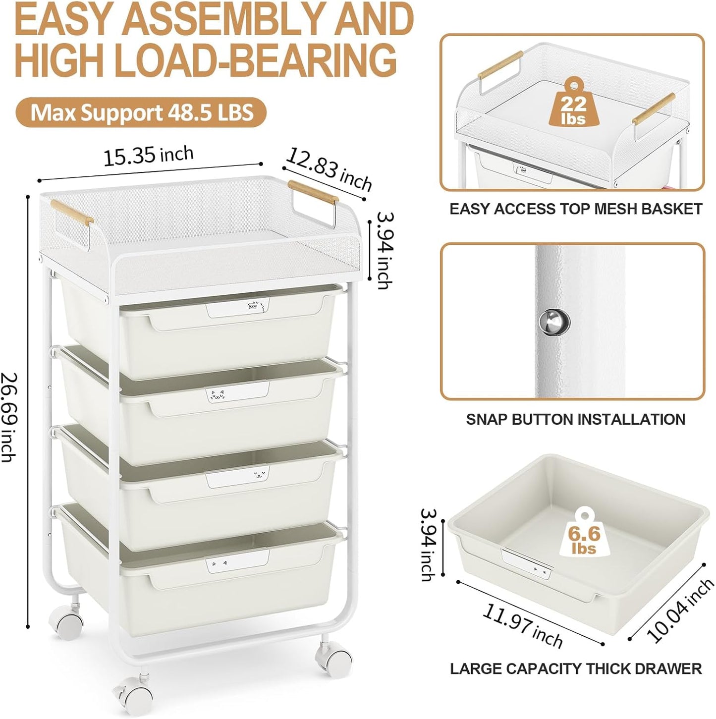 Rolling Utility Storage Cart with 4 Drawers - 4 Tiers Rolling Cart Craft Cart, Storage Drawer Cart Organizer for Craft Room Office Bedroom Classroom with Mesh Top & 4 PCS DIY Lable, White