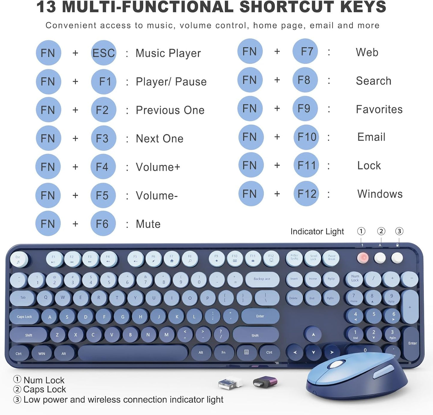 Wireless Keyboard and Mouse Combo, Ergonomic Full Size Typewriter Retro Round Keycaps Keyboard, Compatible with Windows, PC, Perfer for Home and Office Keyboards (Twilight Blue