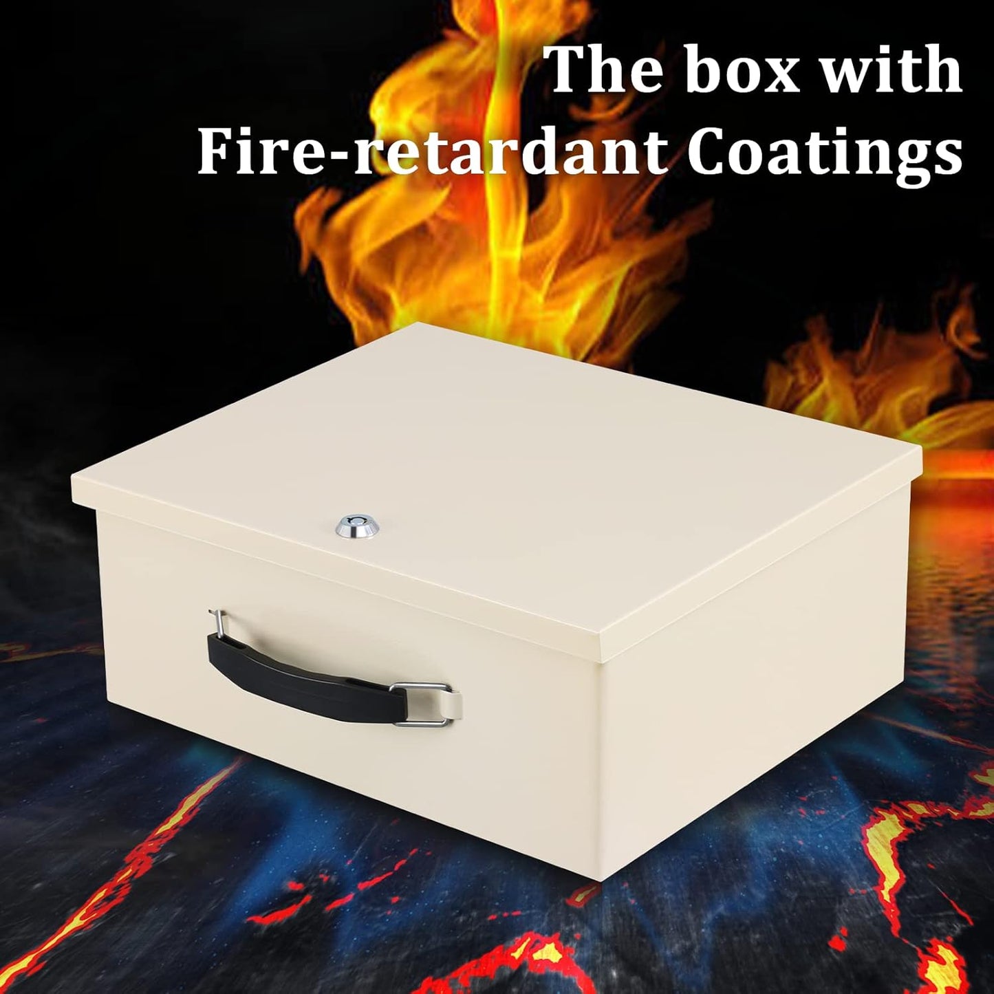 Dalmbox Portable Fire Safe Box with Key Lock, Fire Resistant Metal Lock Box for Documents, Security Strong Storage Box Safety Deposit Box for Home, Outside, Car, XL Large,13.2”x 11”x 5.1'', Beige