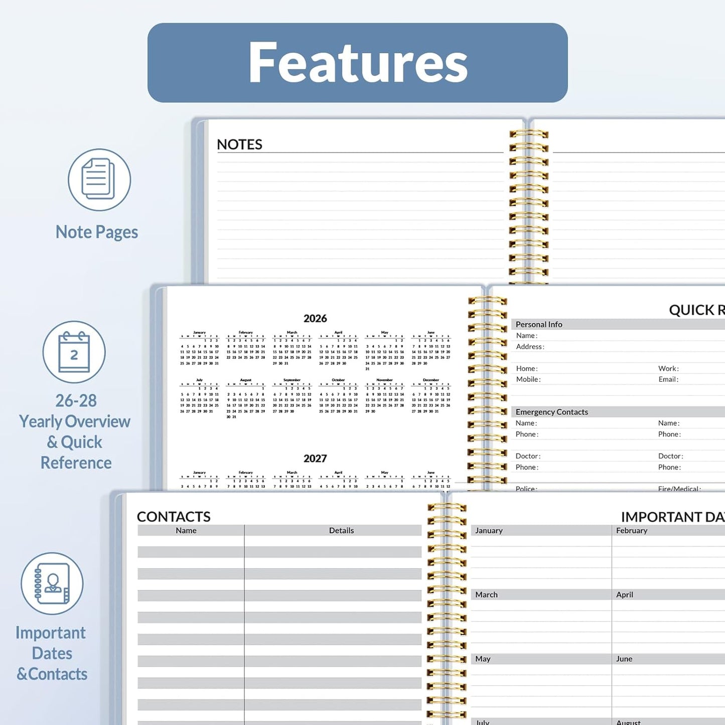 SUNEE 2026 Weekly and Monthly Planner - from January 2026 - December 2026, 8.5"x11" Daily Agenda Planner with Monthly Tab, Flexible Cover, Note Pages, Pockets, Bookmark, Spiral Binding, Gray Blue