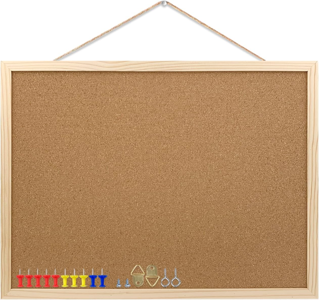 Cork Bulletin Board, 17.7X 13.3 Inches with Oak Wood Finish Frame, Wall Mounted for Office Home and School(Pins, Eye Bolts, gaskets, Screws)