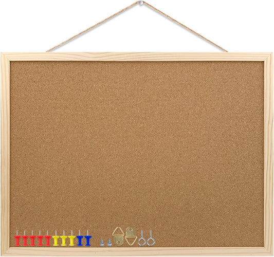 Cork Bulletin Board, 17.7X 13.3 Inches with Oak Wood Finish Frame, Wall Mounted for Office Home and School(Pins, Eye Bolts, gaskets, Screws)