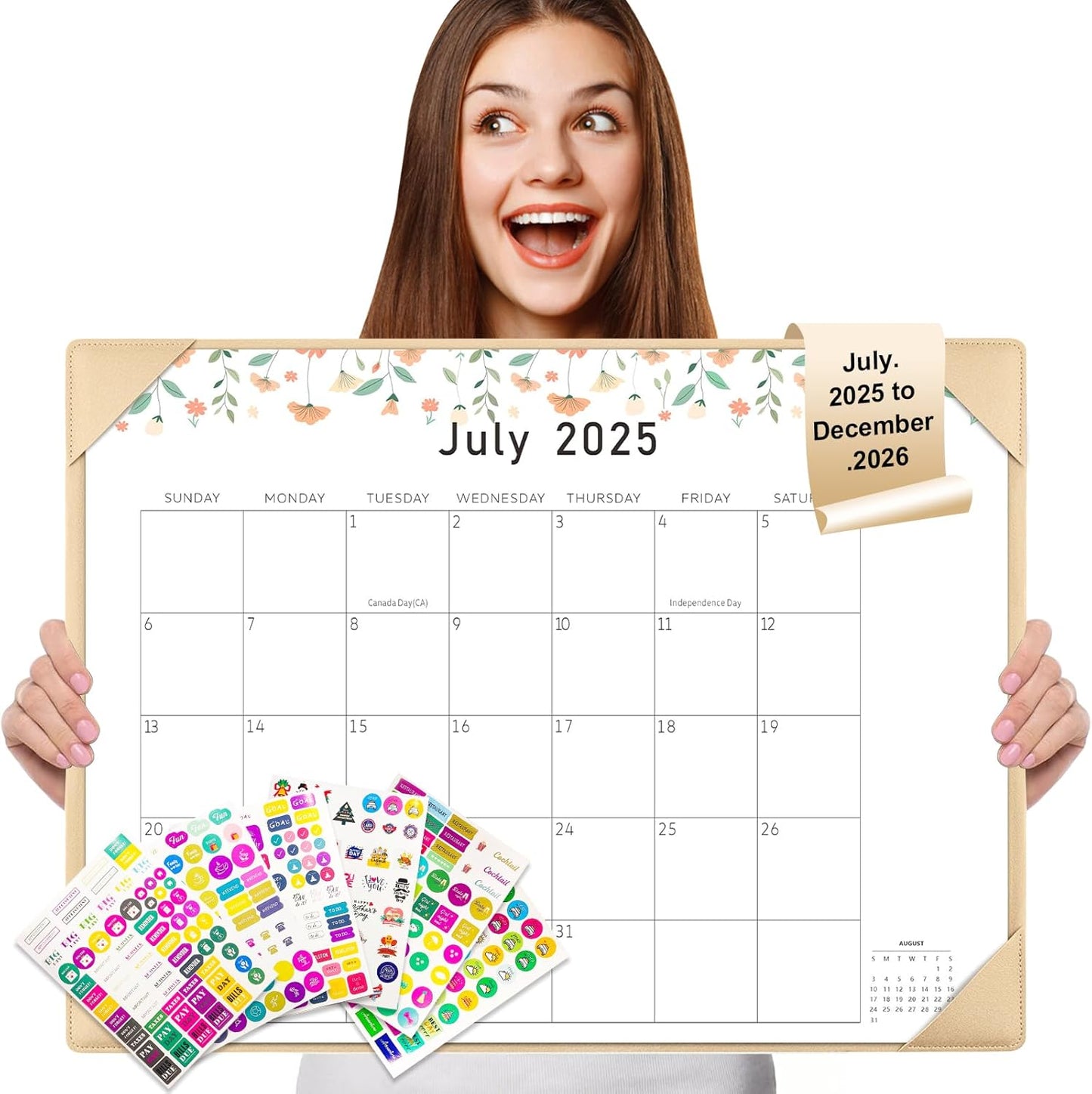 Gannyfer Large Desk Calendar 2025-2026 with Desktop Mat - 18 Month Table Calendar, 22" x 17" Desktop Pad Calendar for Planning and Organizing In Your Family, School or Office - Small Fresh Florals (6 Stickers Included) (Brown)