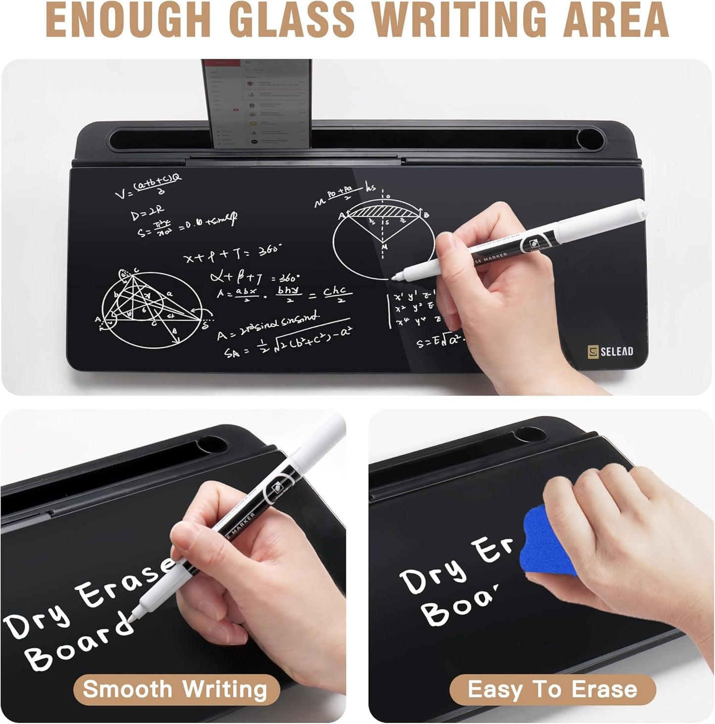 SELEAD Desktop Glass Whiteboard with Organizer, Markers, Eraser - Dry Erase Board Computer Pad Keyboard Stand with Drawer and Holder for Home, School, Office - Black