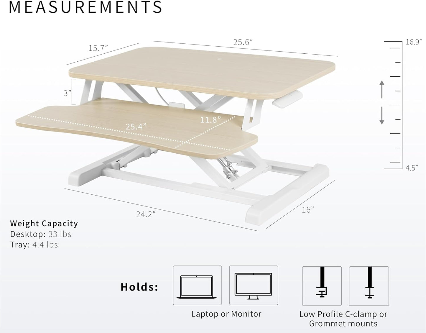 VIVO 26 inch Desk Converter, K Series, Height Adjustable Sit to Stand Riser, Dual Monitor and Laptop Workstation with Keyboard Tray, Light Wood Top, White Frame, DESK-V026KF