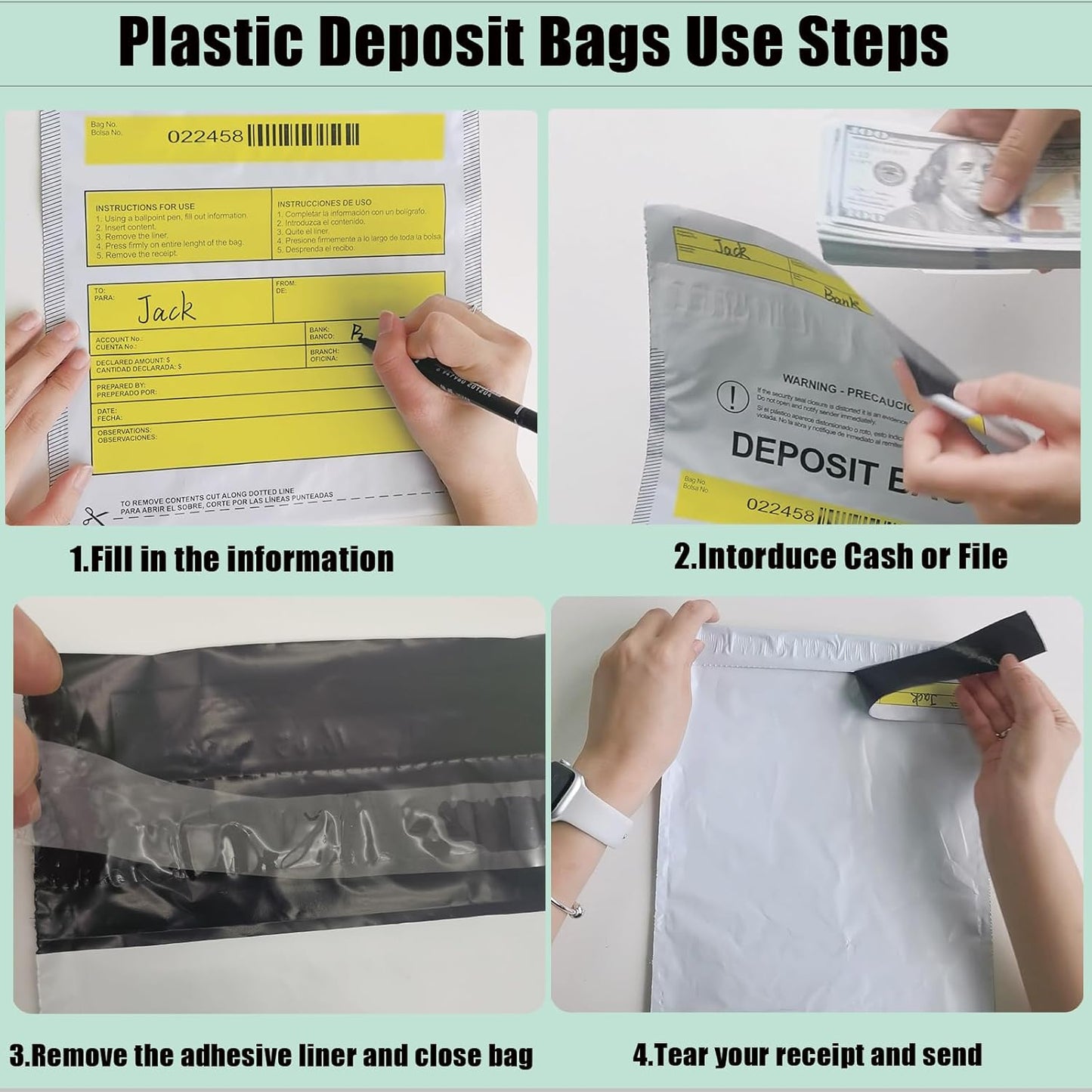 Plastic Deposit Bags 100 Pack 9''x12'', Opaque Security Bank Deposits,Cash register,Money bag for Cash,Bank Pocket,Tamper-Evident,Unique Barcode