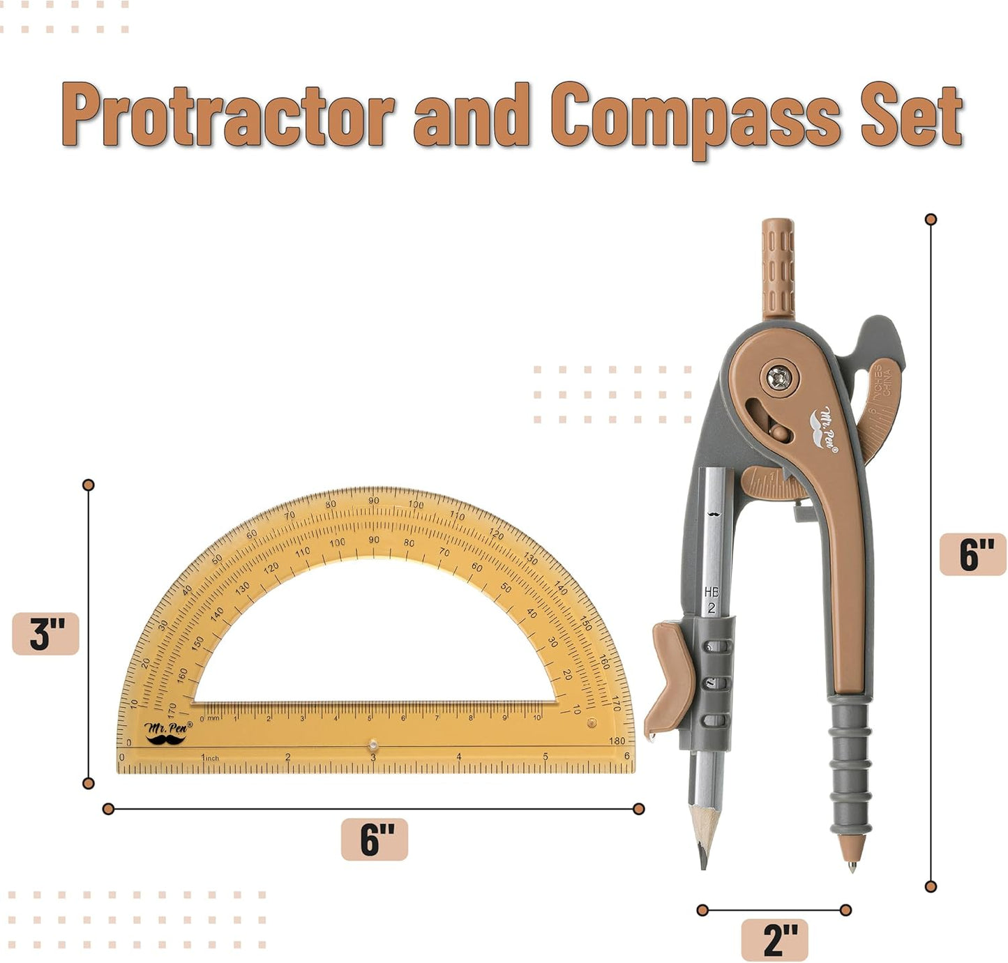 Mr. Pen- Compass and Protractor Set, Dwarf Pony Brown, Compass Geometry Tool, Protractor and Compass Set, Compass Drawing Tool, Drawing Compass, Geometry Compass, Math Compass for Geometry