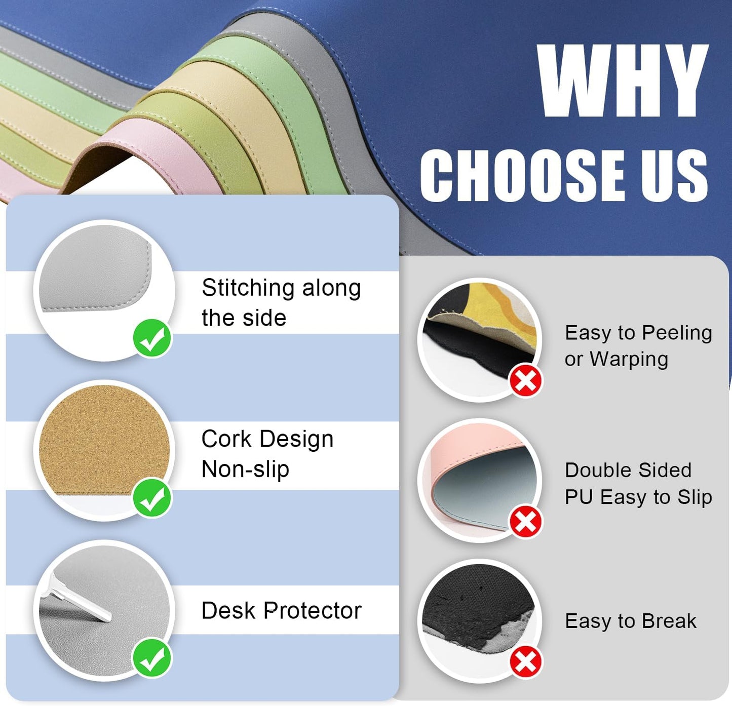 BLESWIN Large Desk Pad Mat 47.2"" x 17"", Office Desk Mat, Non-Slip PU Leather & Cork Desk Blotter for Keyboard and Mouse, Large Desk Mat, Large Mouse Pad for Office & Home(Light Grey)