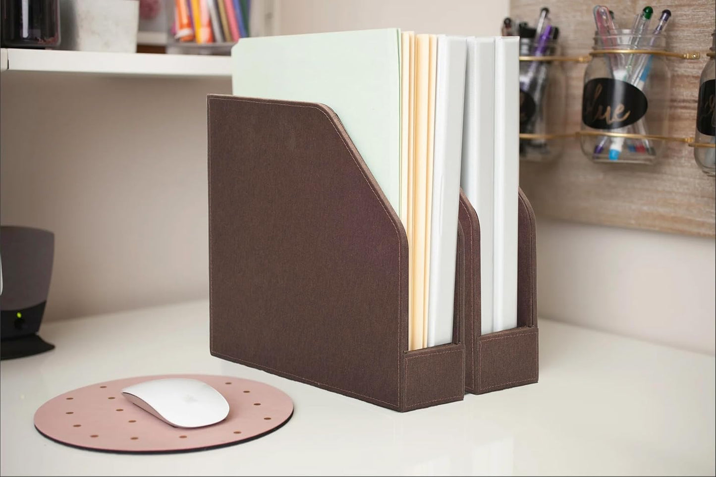 MobileVision Executive Brown Cloth Fabric Vertical File Holders - 2 Piece Combo