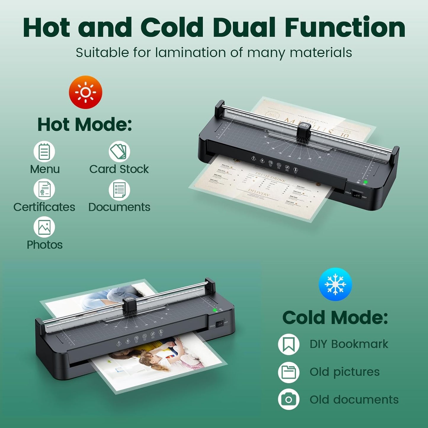 Laminator Machine with 40pcs Laminating Pouches Sheets, 9 in 1 Laminator 13-inch Wide Thermal &Cold Machine Built-in Paper Trimmer Corner Rounder Hole Punch for Home Office School (Black)