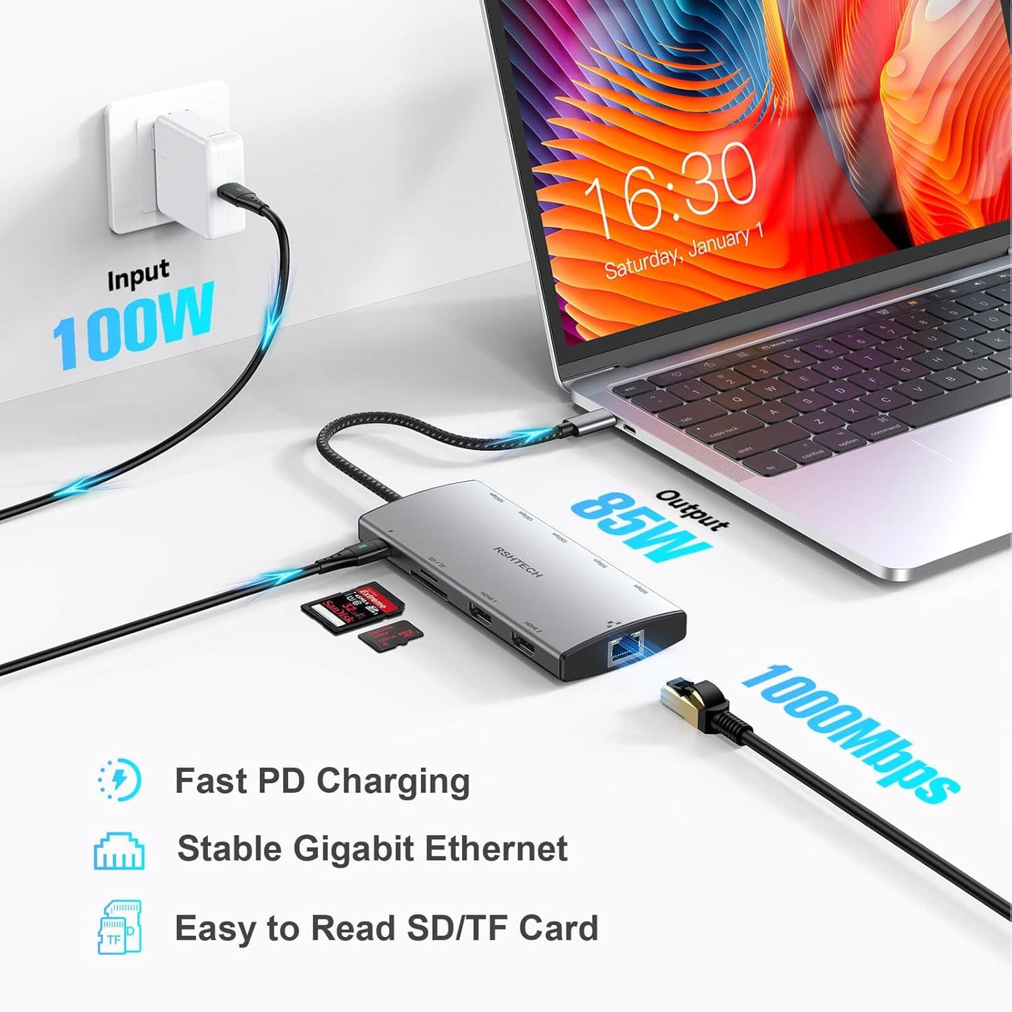 USB C Docking Station Dual Monitor, RSHTECH 11-in-1 USB C Hub Multiport Adapter with 2 HDMI 4K/8K, 3 USB 3.2 Ports 10Gbps(2C+1A), 2 USB 3.0 Ports, 100W PD, Gigabit Ethernet, SD/TF Card Reader