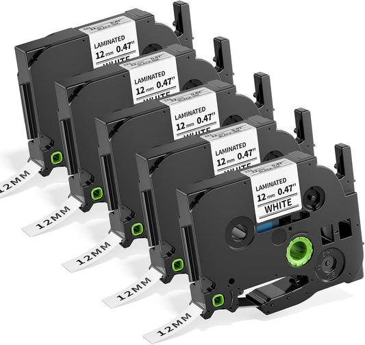 Replacement for Brother Ptouch Label Tape TZe-231 12mm 0.47" Laminated White Tape TZe231 Compatible with P Touch Label Maker Refills PT-D210 D220 1880 1890, 1/2 Inch TZ Black on White, 5-Pack