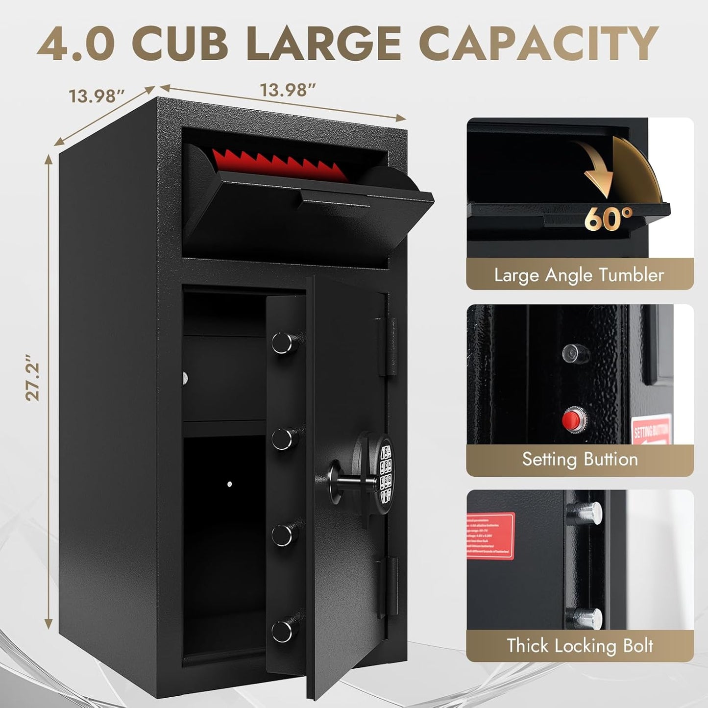 KAER Depository Drop Safe Box - Heavy Duty 4.0 Cu Ft Money Safe with Drop Slot Digital Combination Anti-Fishing Deposit Safes for Business/Home/Office Cash Slips Expense