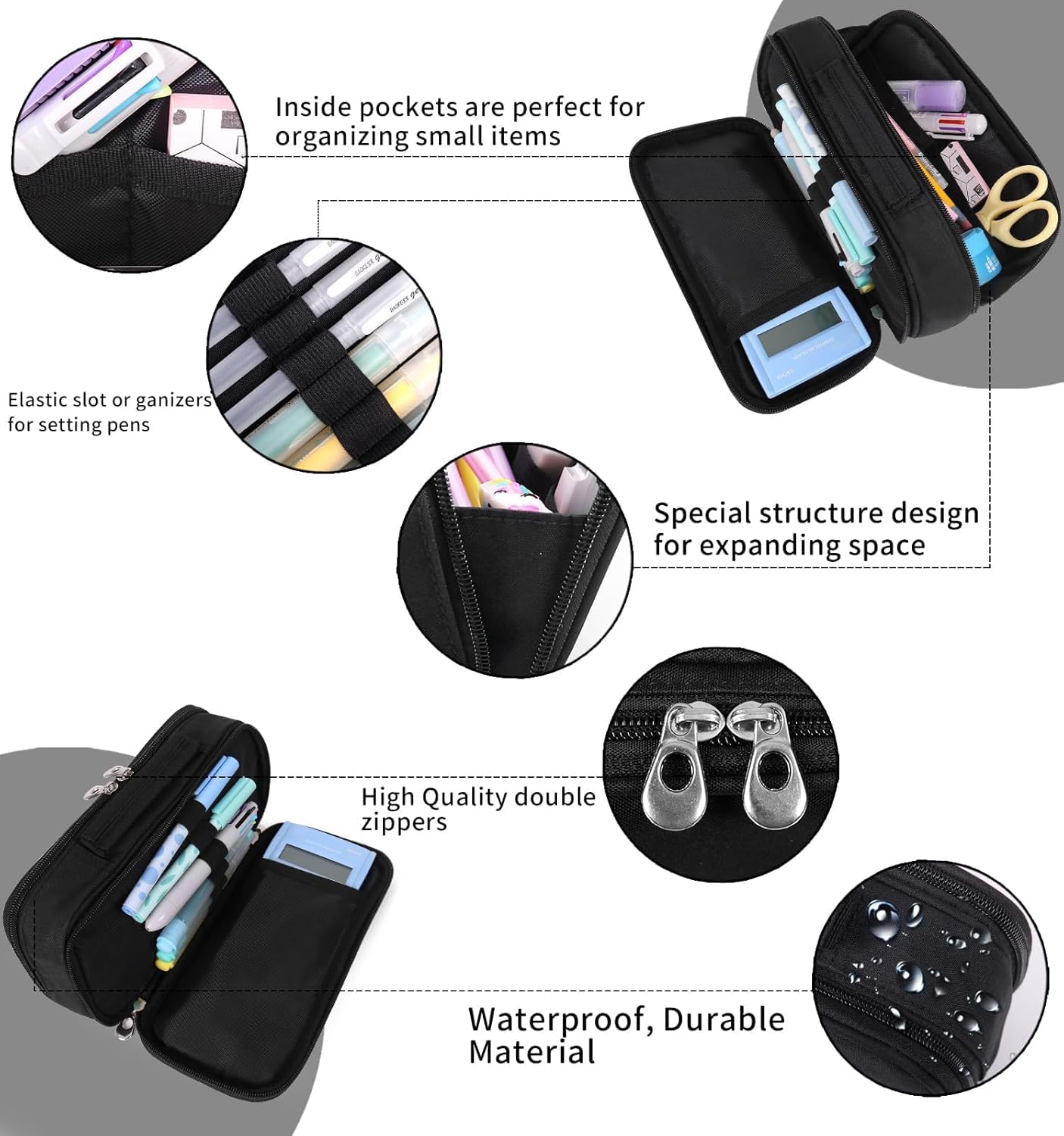 Pencil Case Pen Bag Holder Pouch Large Handle Big Capacity Desk Organizer Storage Marker Box Stationary Makeup Cosmetic Double Zippers for School Office Students Teen