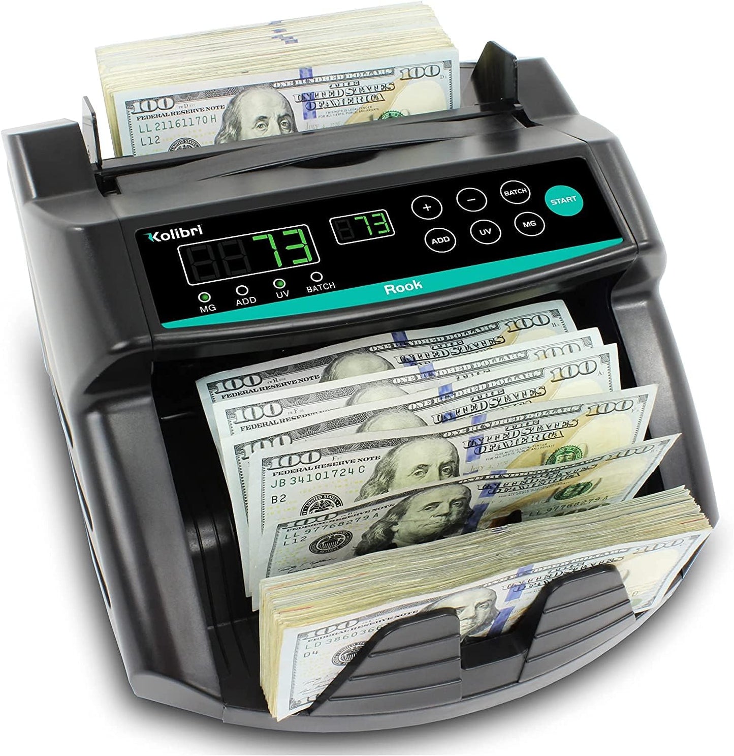 KOLIBRI Rook Money Counter with UV/MG/IR Counterfeit Detection – Count, Add & Batch Modes, 1,400 Notes per Minute Fast Bill Counter - US Dollar Cash Counter with Dual LED Display (1-Year USA Warranty)