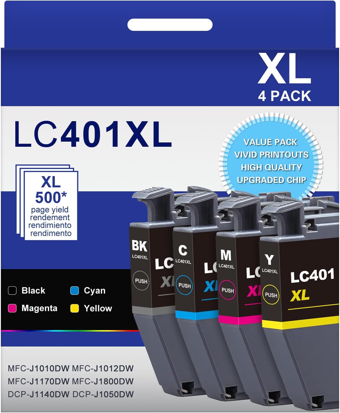 LC401XL LC401 4-Packs High Yield Ink Cartridges Compatible for Brother 401XL LC-401 Ink Cartridges Work with MFC-J1010DW MFC-J1170DW MFC-J1012DW MFC-J1800DW (Black Cyan Magenta Yellow)