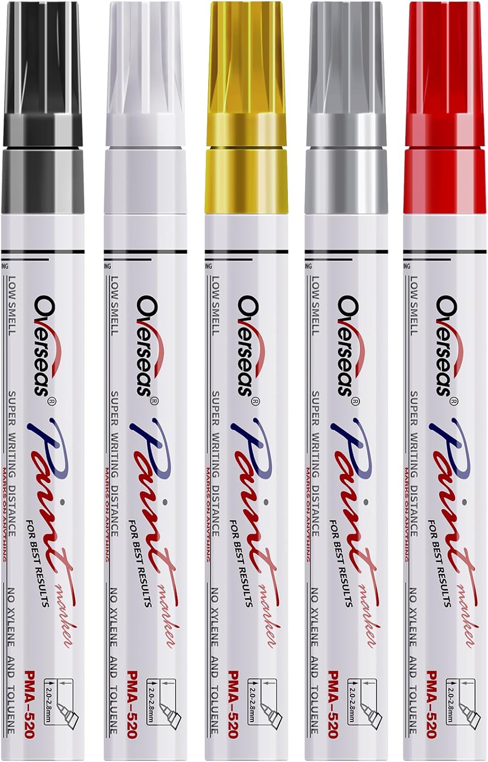 Overseas Paint Marker Pens - 5 Pack Permanent Oil Based Paint Markers, Metallic, Medium Tip, Quick Drying, Waterproof, Assorted Colors Marker for Metal, Rock, Wood, Plastic, Canvas, Glass, Rubber