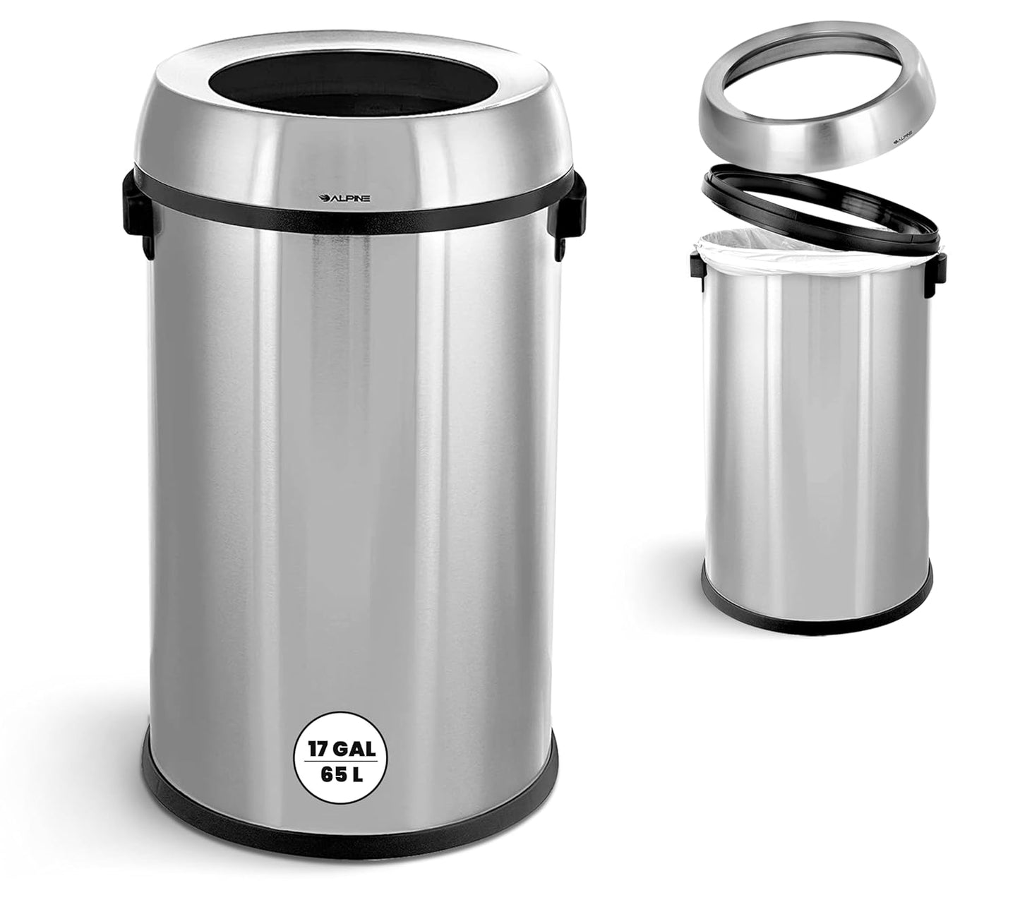 Alpine 17 Gallon Stainless Steel Open Top Trash Can – Commercial-Grade, Corrosion-Resistant, Brushed Finish, Large Capacity Garbage Bin for Home, Office, Restaurant & High-Traffic Areas.