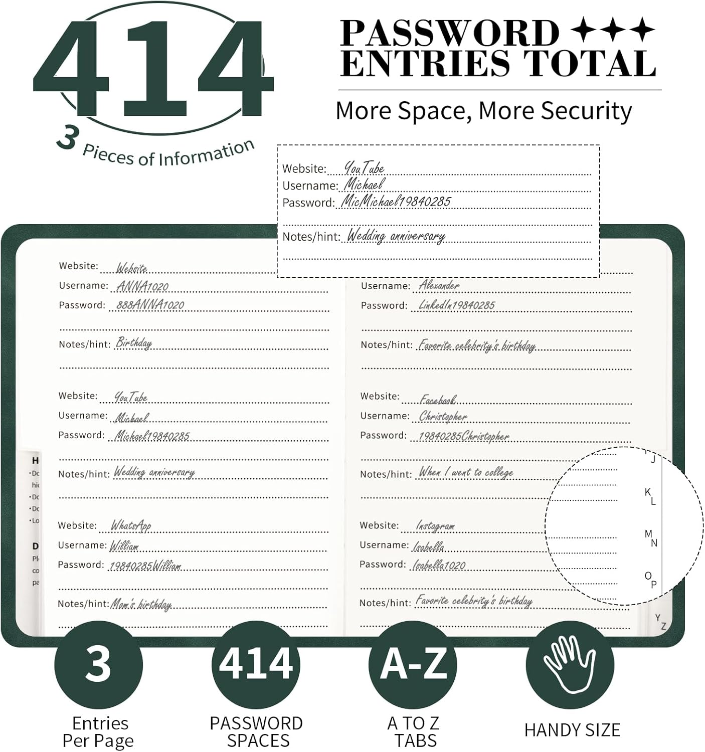 Password Book with Alphabetical Tabs, 4.5"x5.9"Small Pocket Password Keeper Book, 160 Pages/100GSM Hardcover Notebook, Password Organizer for Internet Website Address Login