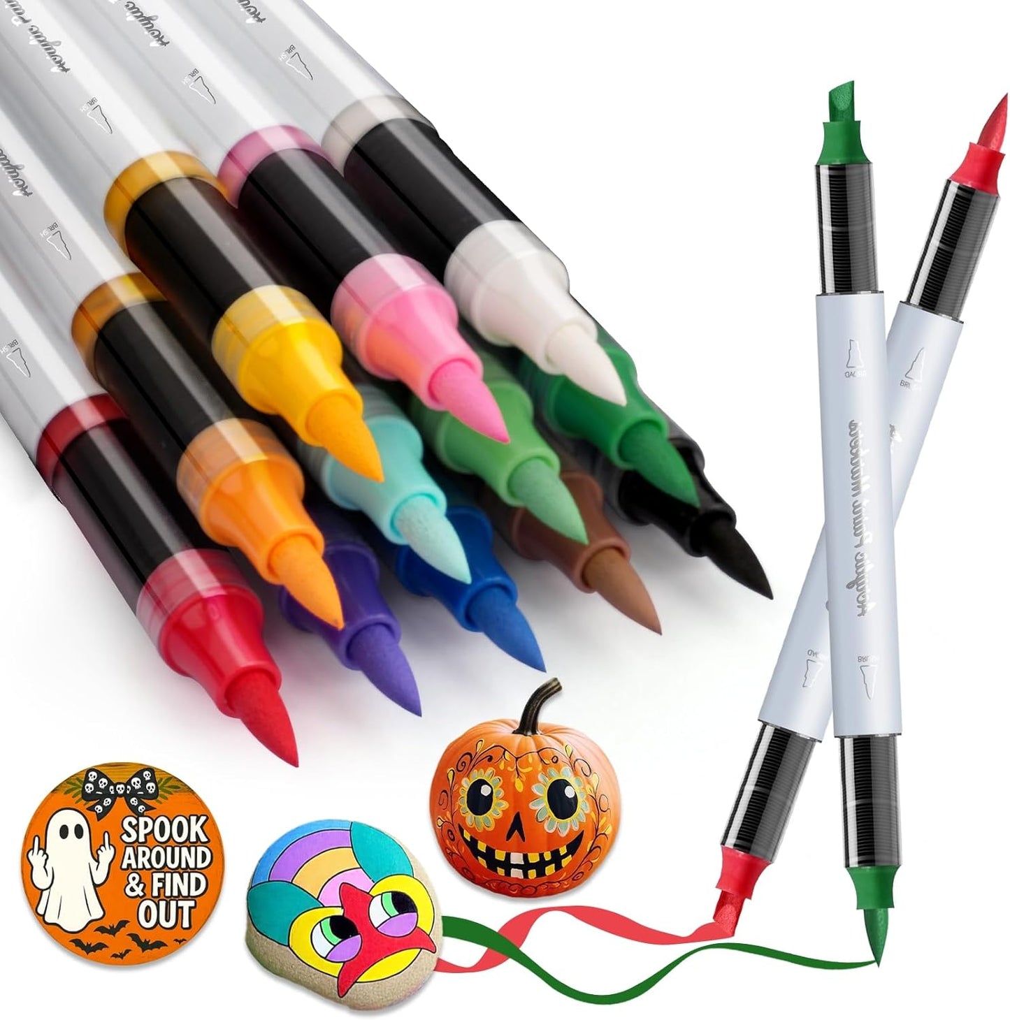 SFAIH Pumpkin Acrylic Markers, 12 Colors Halloween Decor Paint Pens for Pumpkin Decorating, Costume Making, Dual Tips (1-6mm Brush & 0.5-4mm Chisel) for Glass, Ceramic, fabric, Waterproof & Quick-Dry