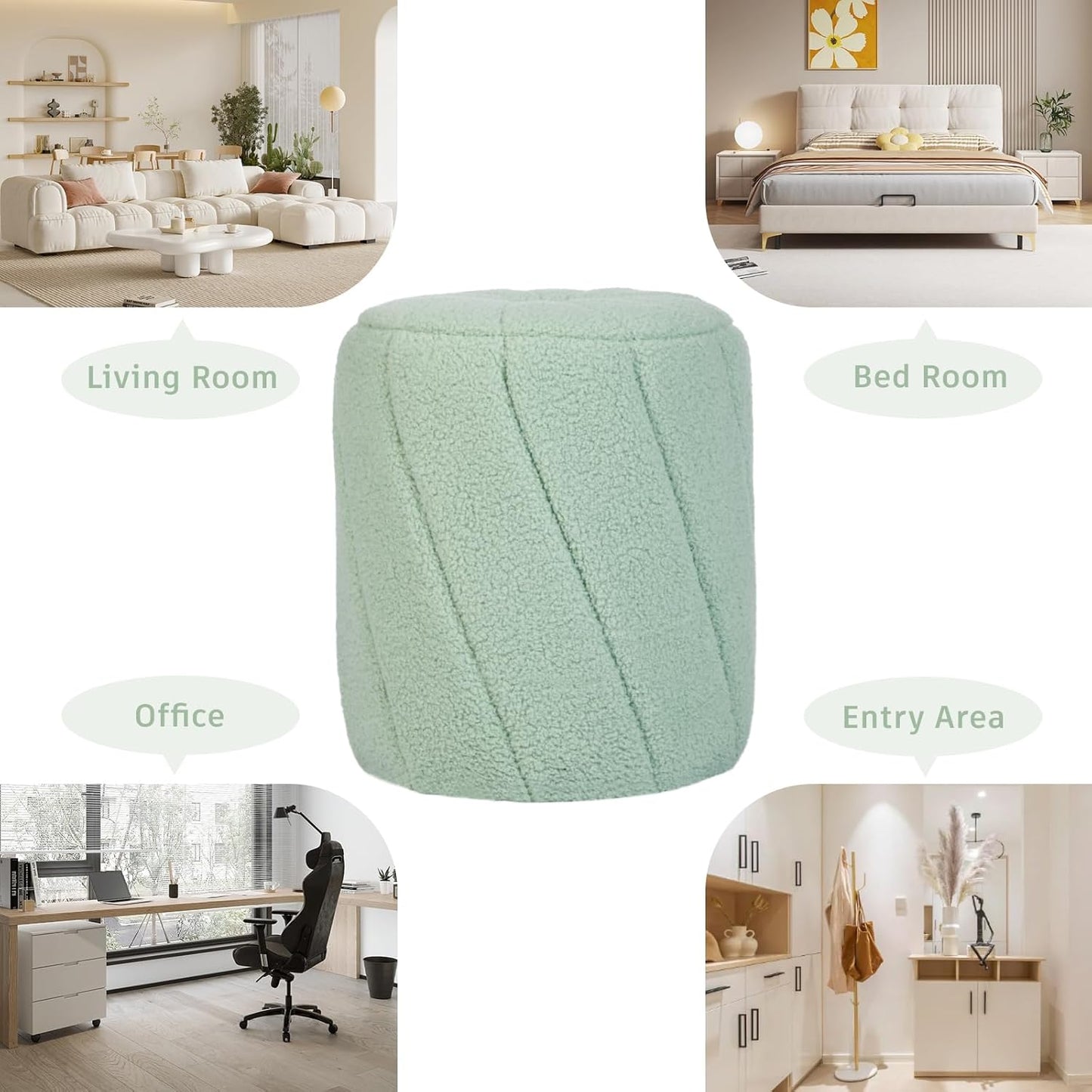 Modern Round Ottoman, Spiral-Tufted Foot Stool Ottoman, Teddy Fleece Upholstered Vanity Stool for Makeup, Bedroom, Living Room, Light Green