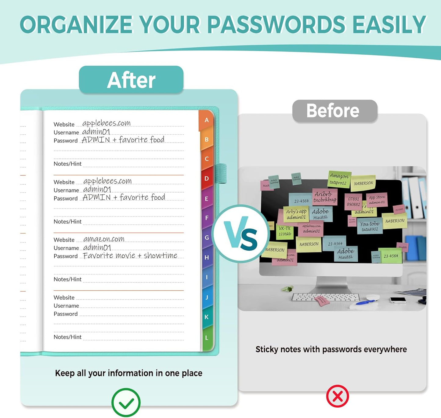 SUNEE Password Book with Colorful Alphabetical Tabs, Password Books for Seniors, Password Keeper Book for Computer and Internet Address Website Login, 5.3''x 7.7''- Aquamarine