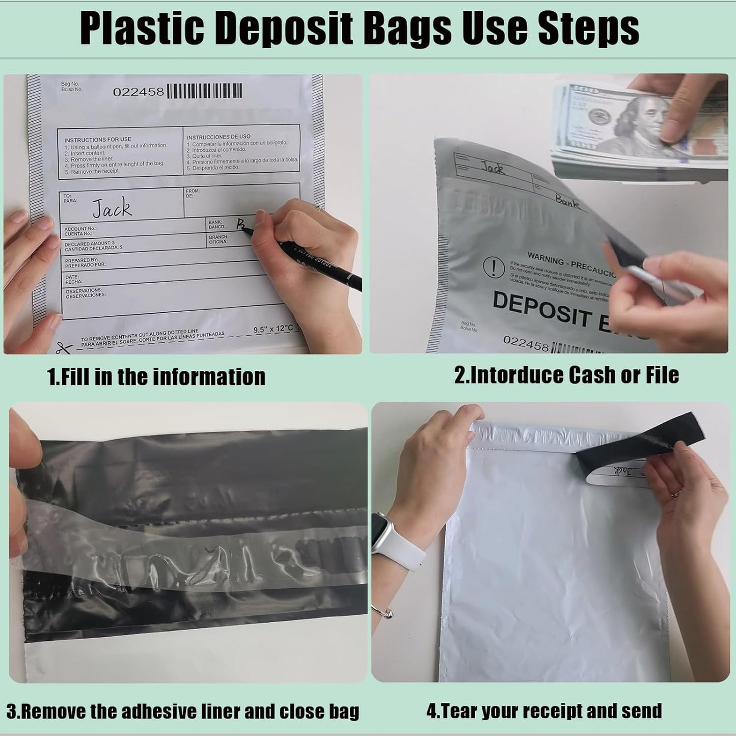 Plastic Deposit Bags 100-Pack Clear 9.5''x 15'', Security Bank Deposits Cash register Money bag for Cash,Bank Pocket,Tamper-Evident,Unique Barcode