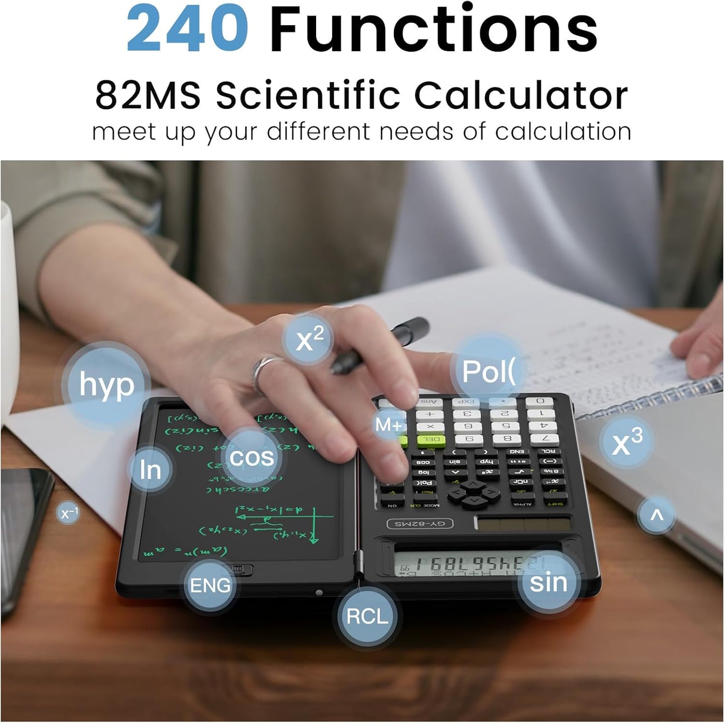 Scientific Calculators for School with Notepad, ROATEE Middle and High School Supplies for Student, 82 MS Foldable 2-Line Display Science Calculator with Writing Tablet, Solar and Battery Power Black