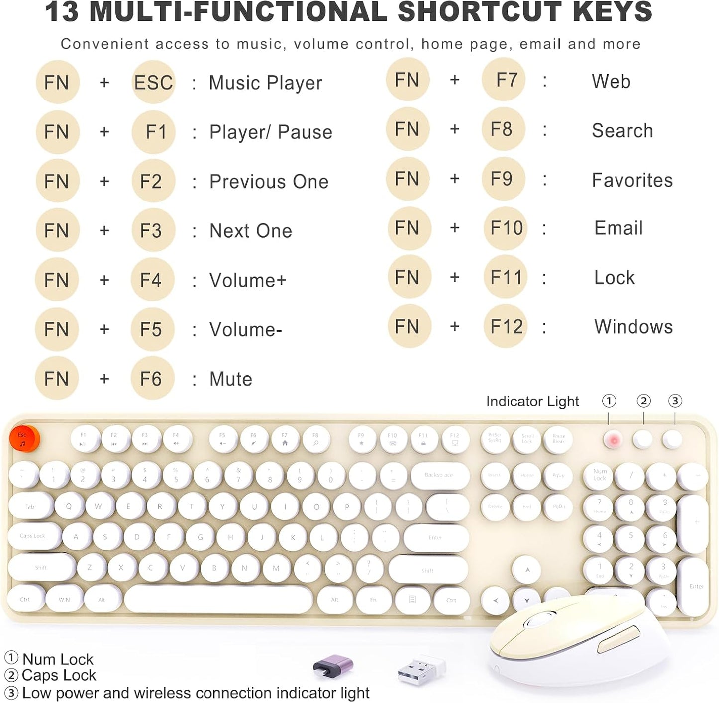 Wireless Keyboard and Mouse Combo, Ergonomic Full Size Typewriter Retro Round Keycaps Keyboard, Compatible with Windows, PC, Perfer for Home and Office Keyboards (Beige