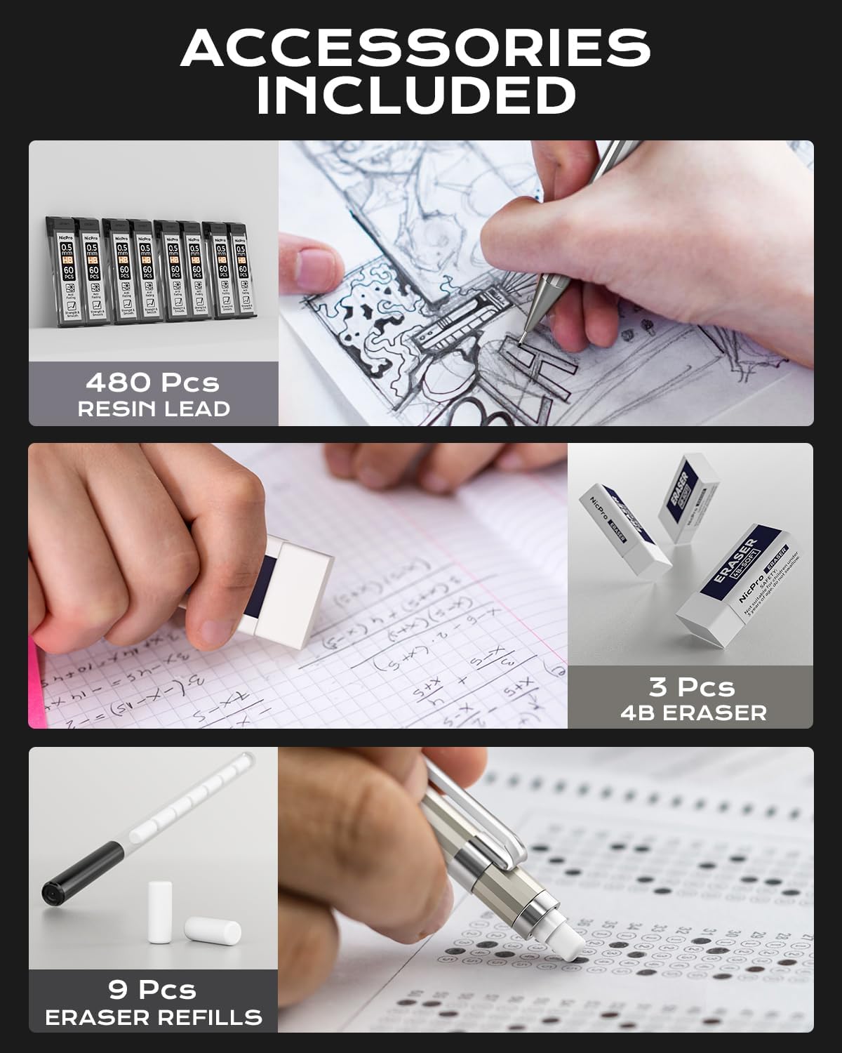 Nicpro 4 Pack Mechanical Pencil 0.5 mm with Case, MB1000 Metal Mechanical Pencil Set with 8 Tube HB #2 Lead Refill 0.5mm, 3PCS 4B Eraser, 9 Cap Eraser for Artist Drafting Writing, Sketching, Drawing