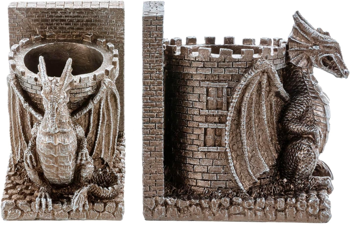 MyGift Gothic Brown Resin Dragon Guarding Castle Pencil Cup Bookends, Office Desk Book Ends with Decorative Fantasy Dragons and Stone Tower Pen Holders, 1 Pair