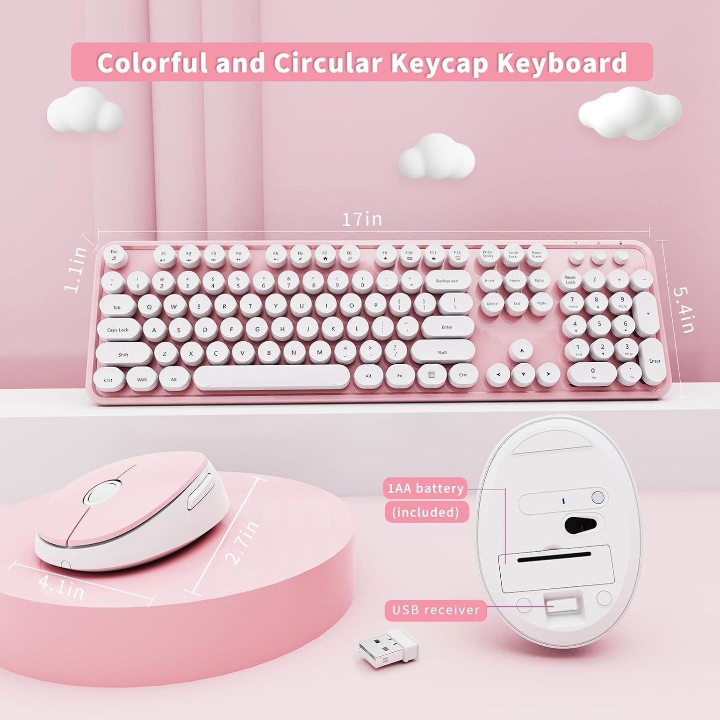 Wireless Keyboard and Mouse Combo, Ergonomic Full Size Typewriter Retro Round Keycaps Keyboard, Compatible with Windows, PC, Perfer for Home and Office Keyboards (Lovely Pink)